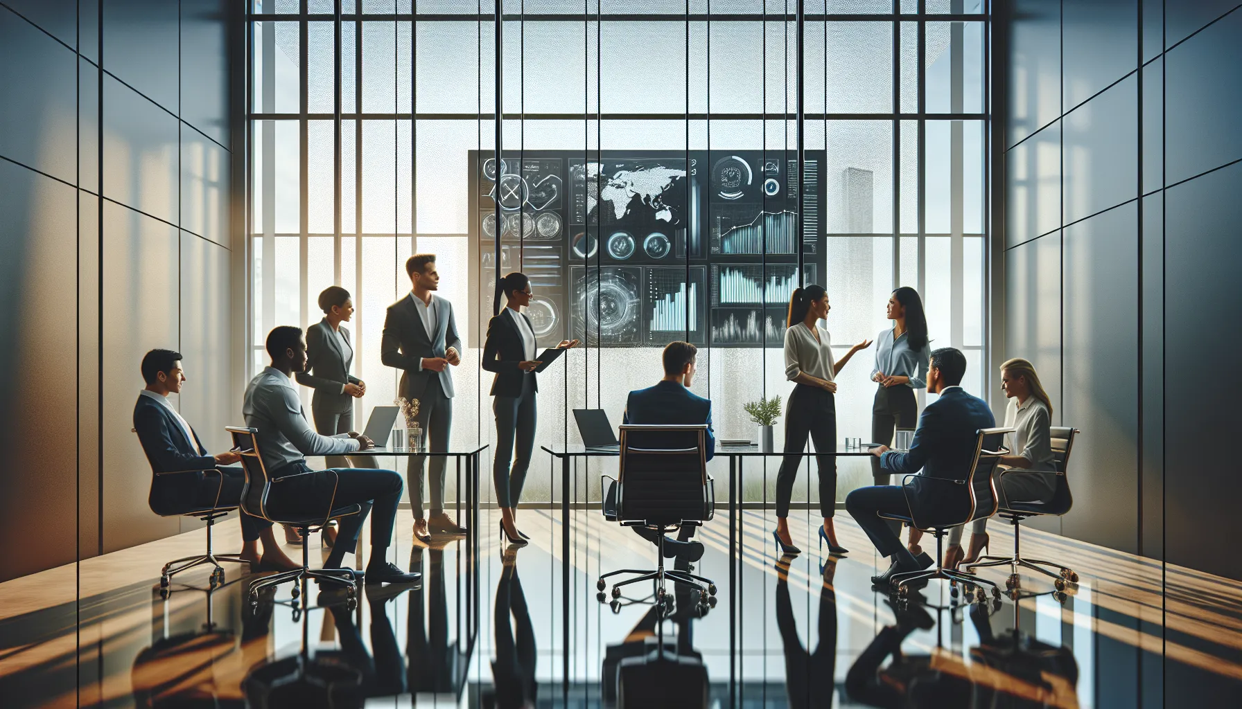 diverse team collaborating over a digital dashboard in a modern office.