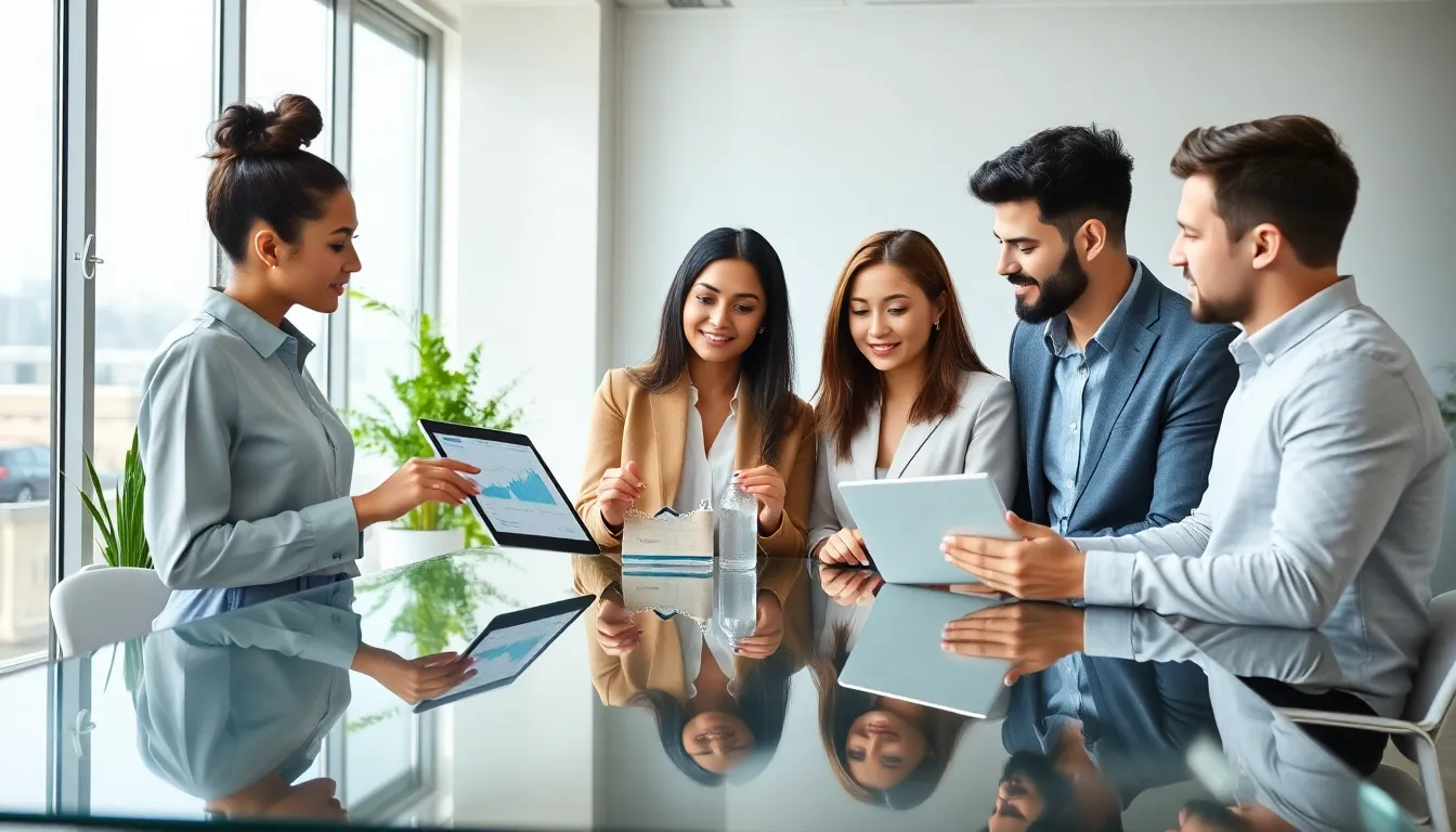 millennials collaborating on financial planning in a modern office.