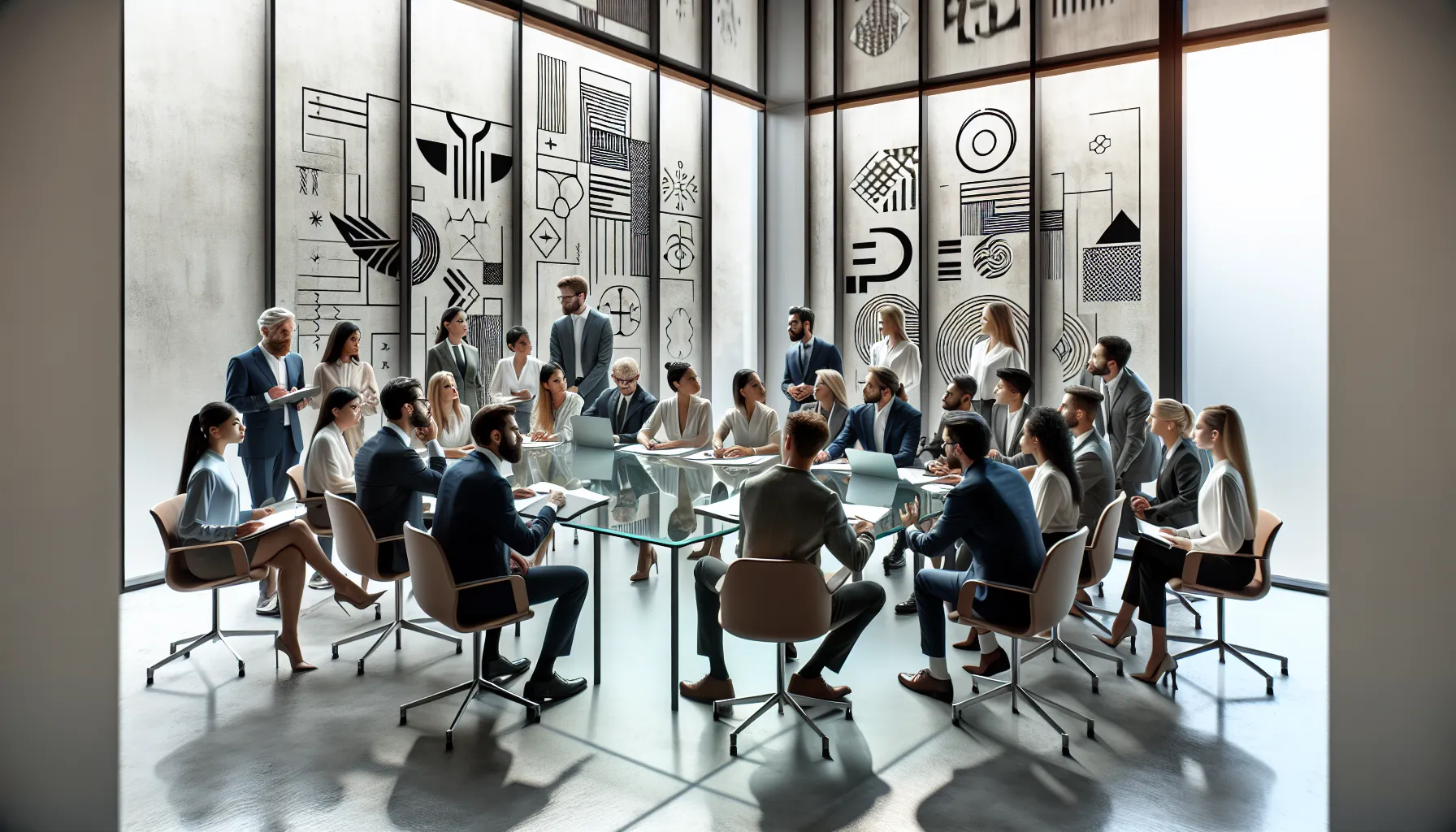 diverse professionals discussing Удзеы in a modern conference room.