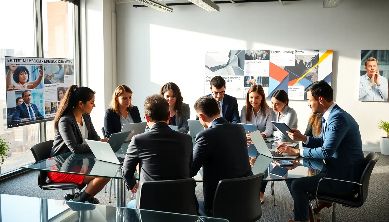 diverse team collaborating in a bright, modern newsroom.