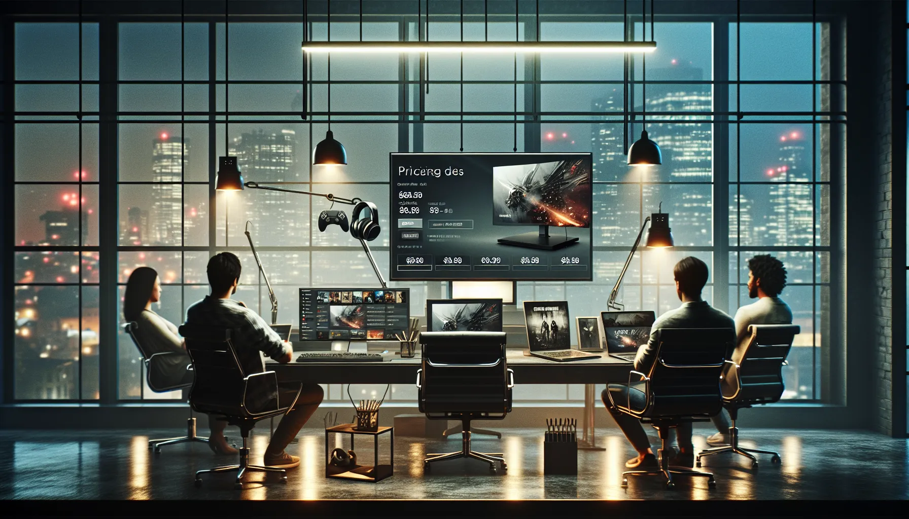 Workspace showcasing Marshock200 game's pricing with diverse professionals discussing.