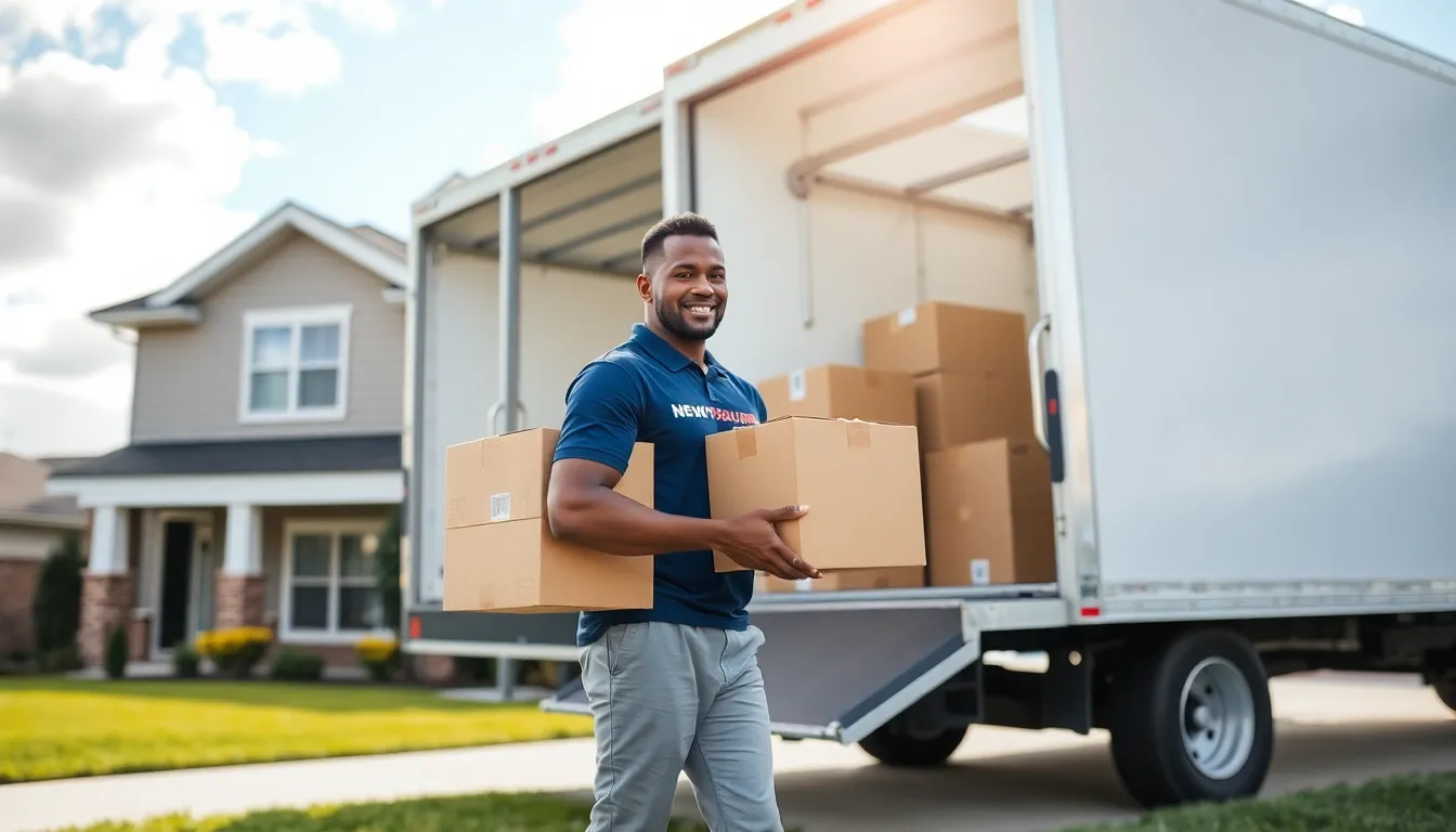 Mover packing boxes into a truck in a suburban neighborhood.