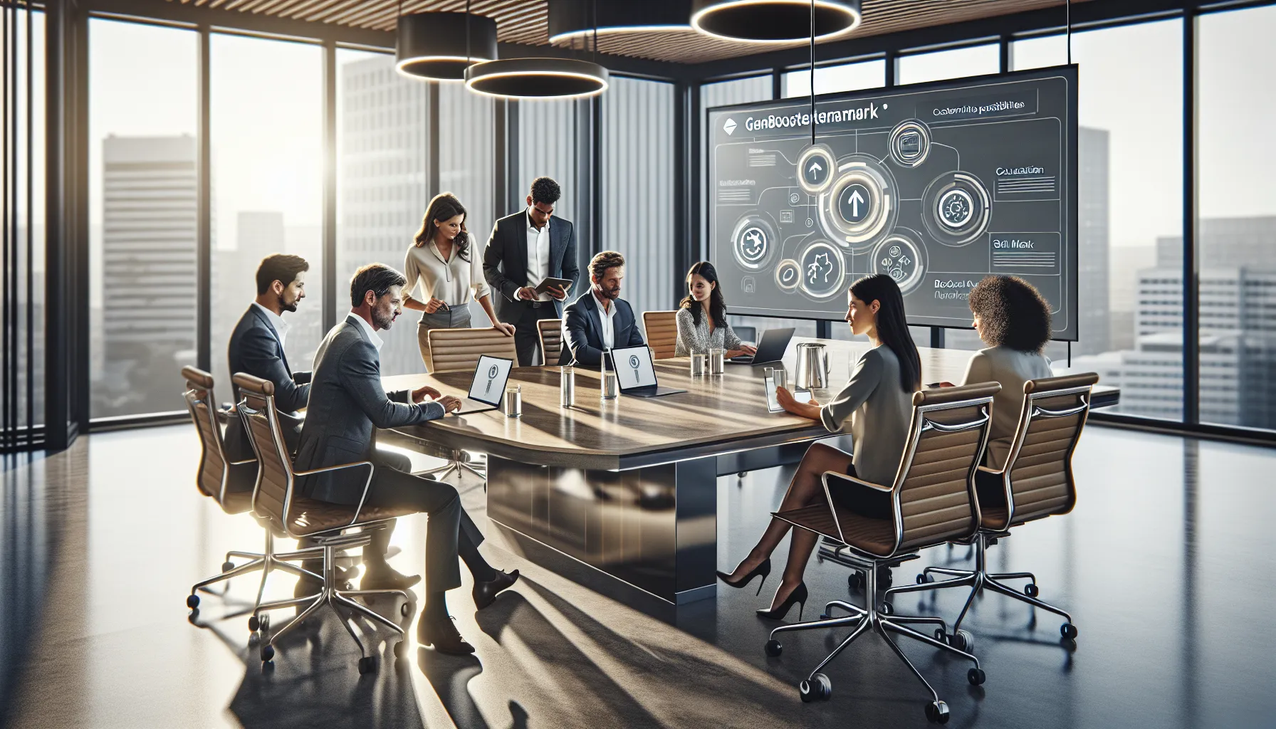 diverse professionals collaborating around laptops in a modern office.