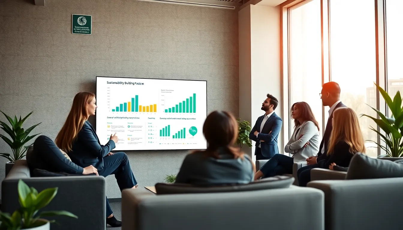 diverse real estate team discussing sustainability trends in a modern office.