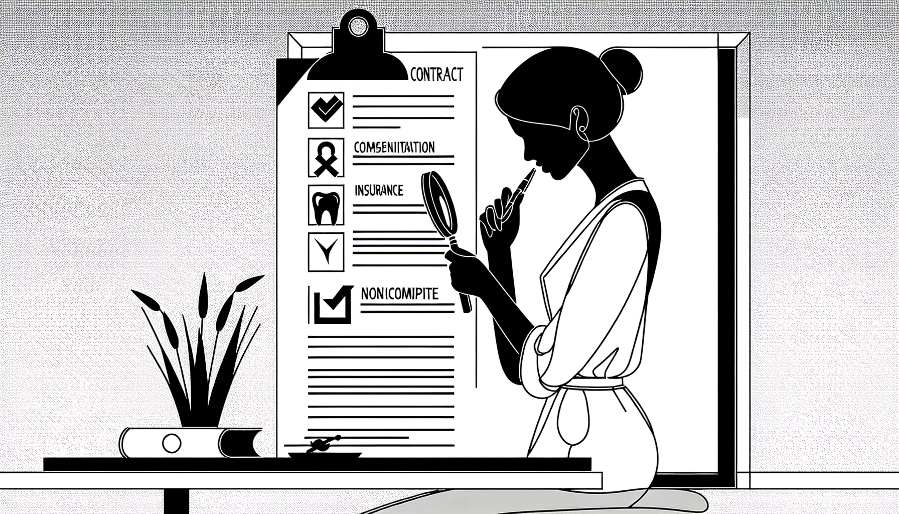 Dentist at desk inspecting a contract with checklist and Washington state icon of Washington Dental Contract Review.