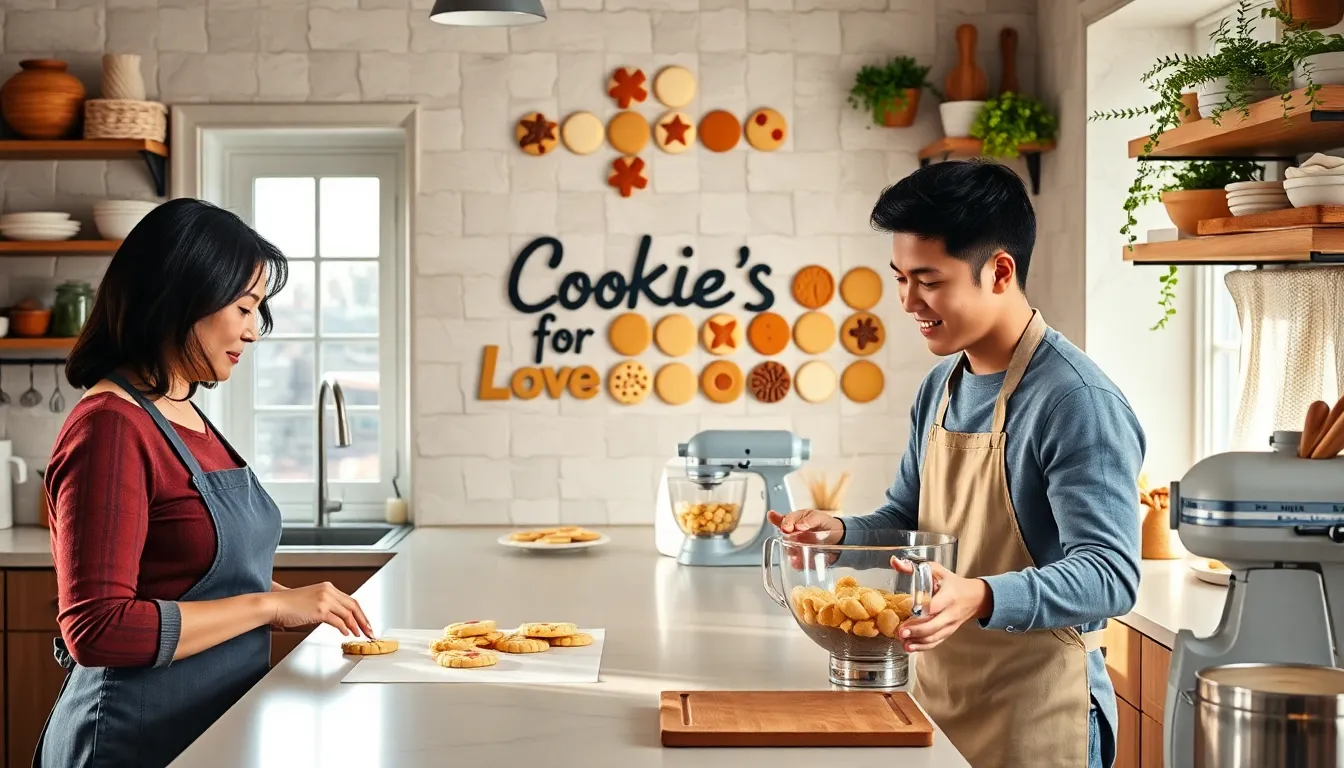 diverse bakers creating cookies in a bright kitchen.