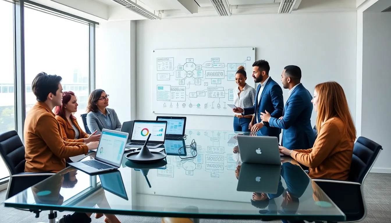 diverse professionals collaborating in a modern office setting.