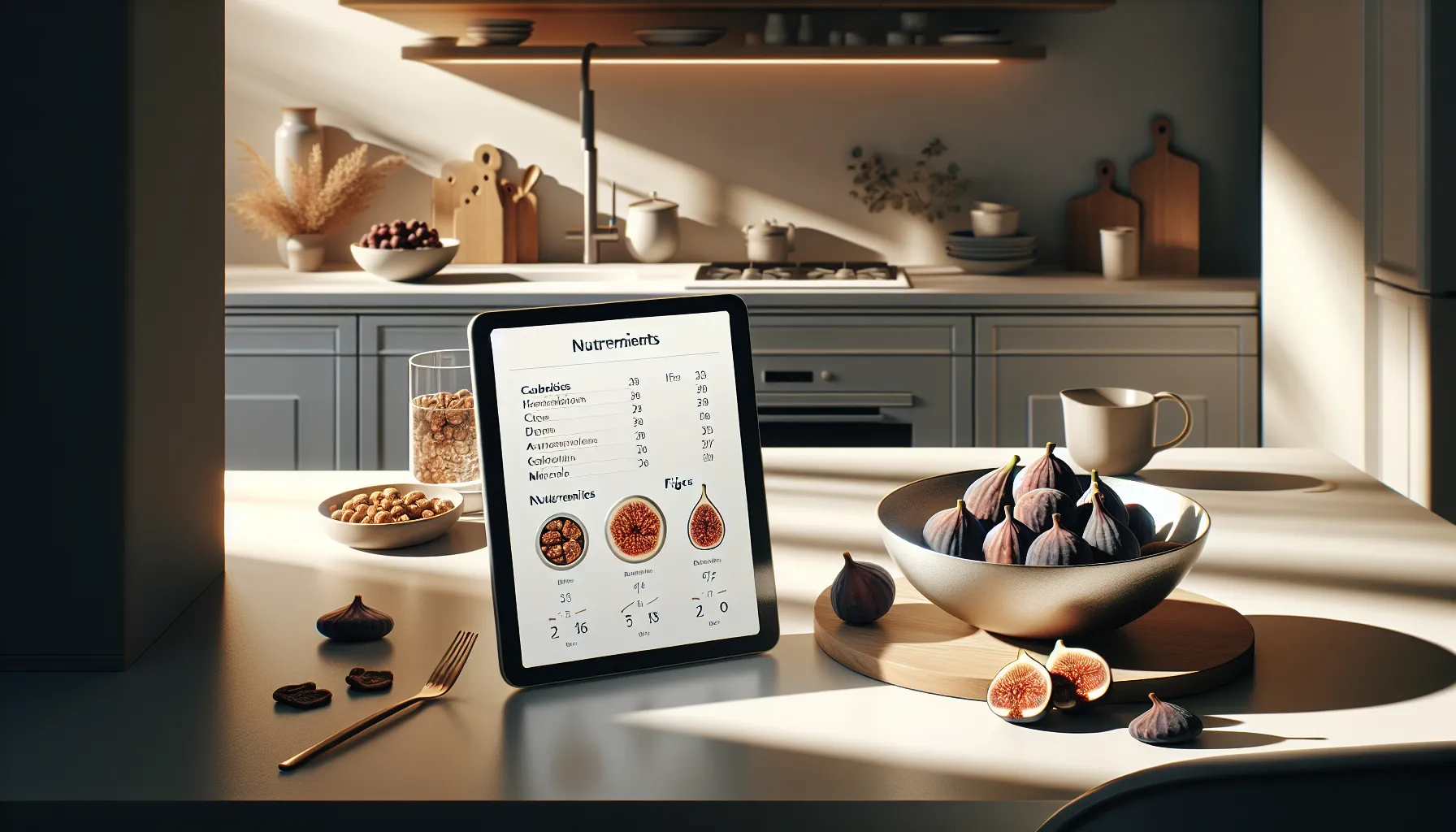 Fresh and dried figs with a nutritional chart on a tablet.