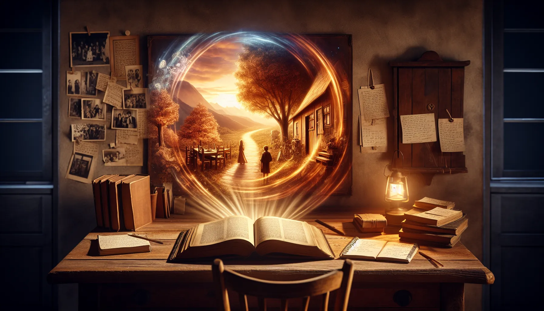 An open book on a desk, surrounded by symbolic representations of narrative themes.