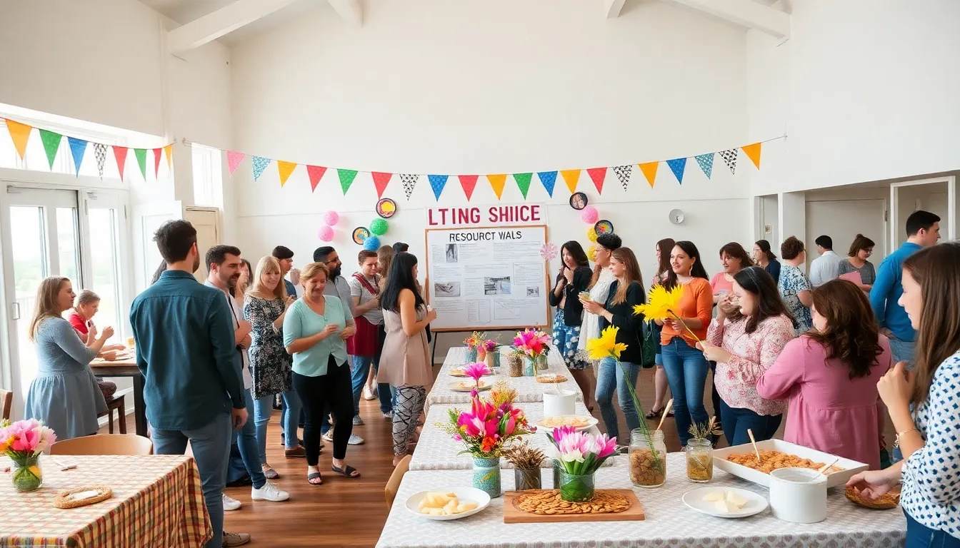 diverse group enjoying a creative thrifty event in a community hall.