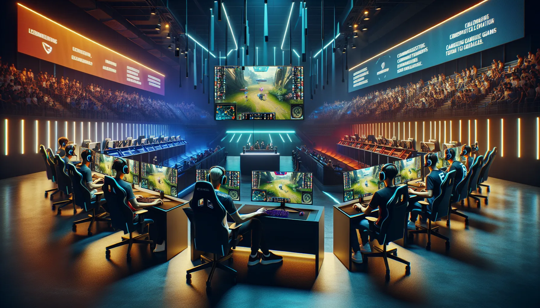 diverse gamers competing in an esports arena for PlayBattleSquare.