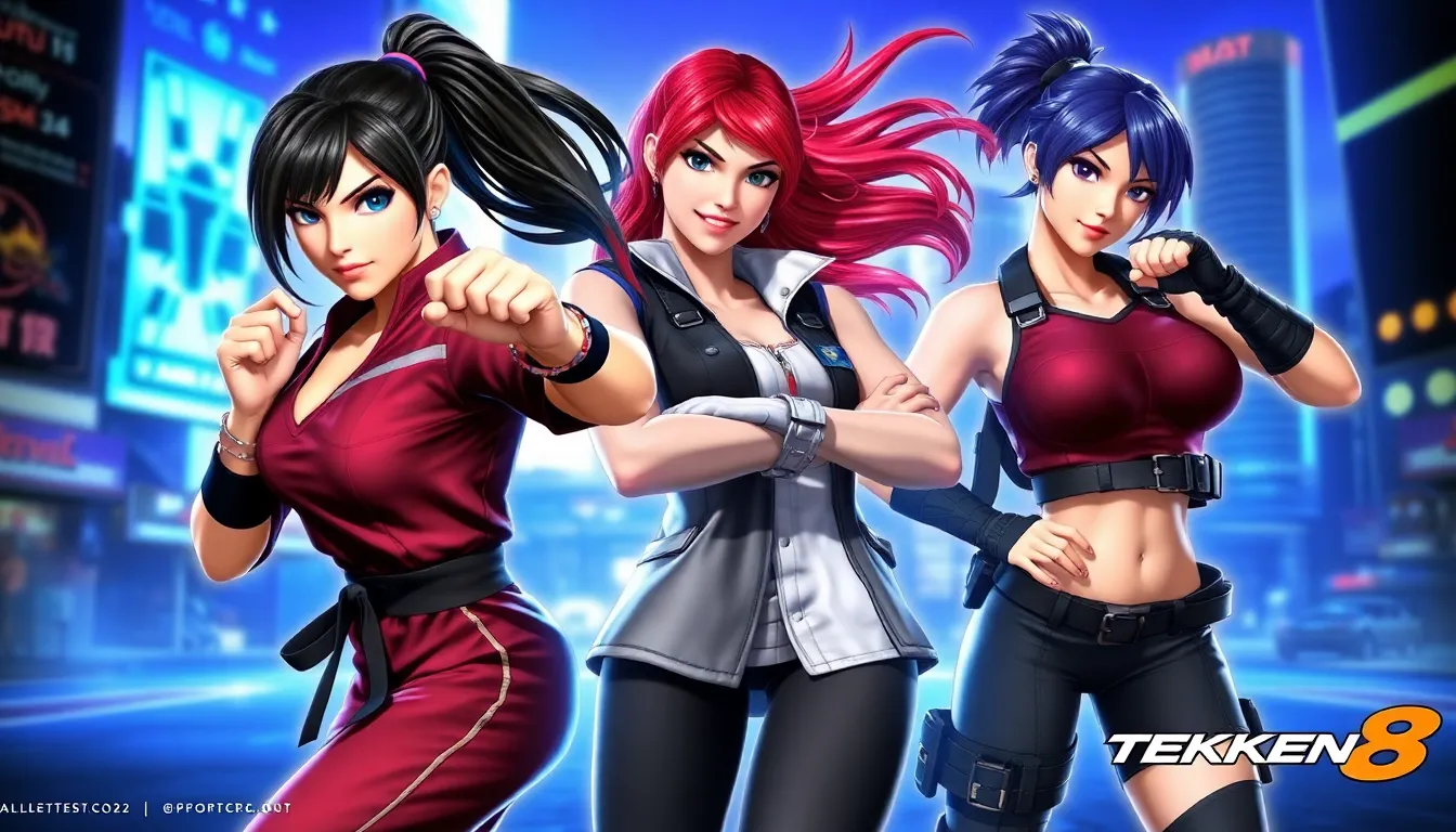 three female fighters from Tekken 8 in an action-packed gaming scene.