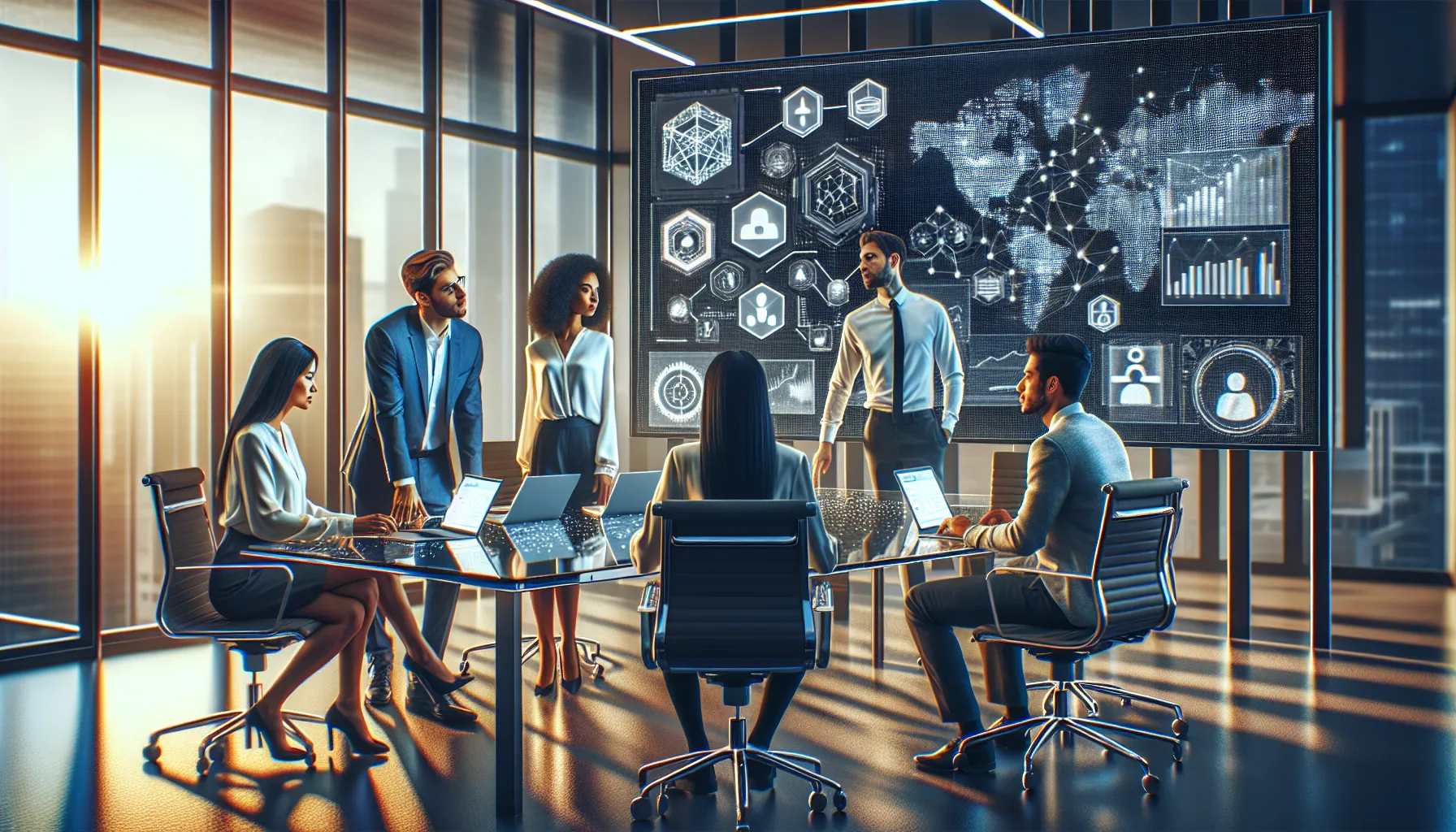 diverse professionals discussing technology integration in a modern office.