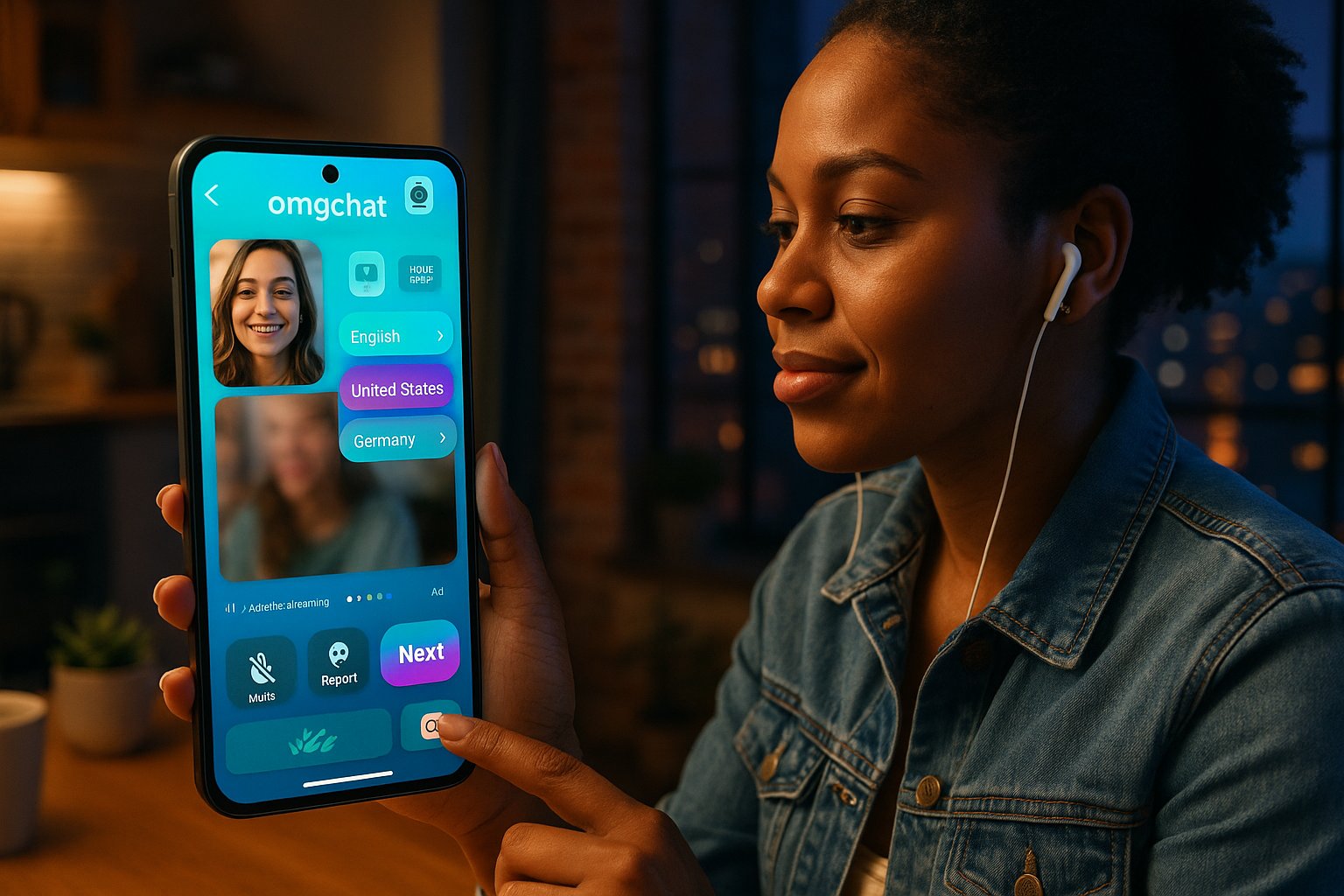 Person holding phone showing omgchat UI with filters and moderation icons.