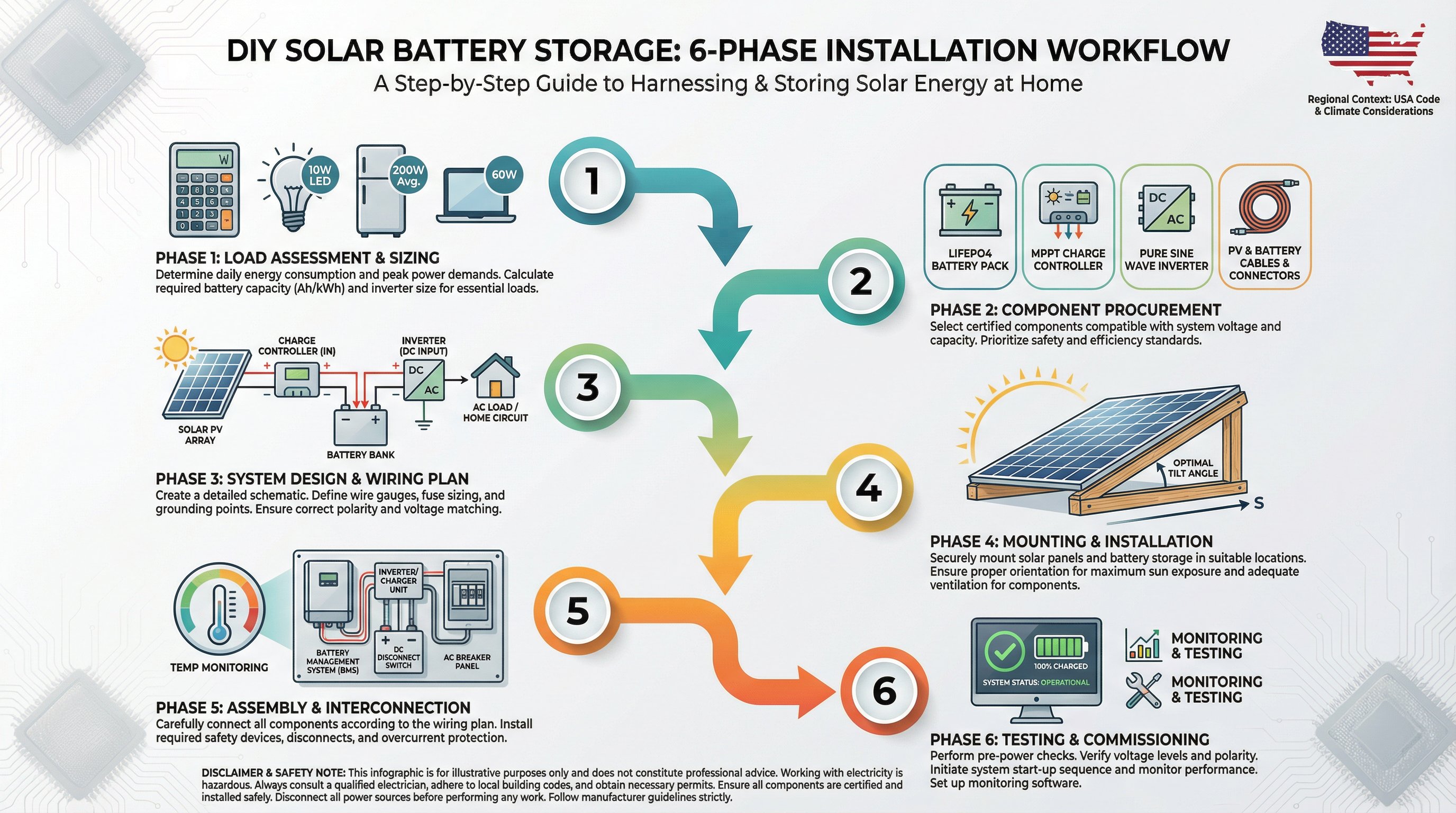 Six-step vertical infographic for designing and installing DIY solar battery storage system.