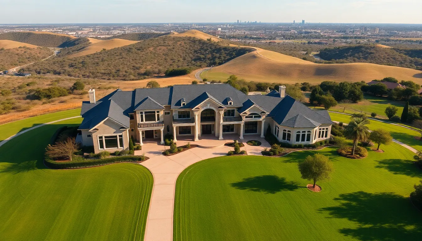 aerial view of a luxurious Texas home with expansive grounds.