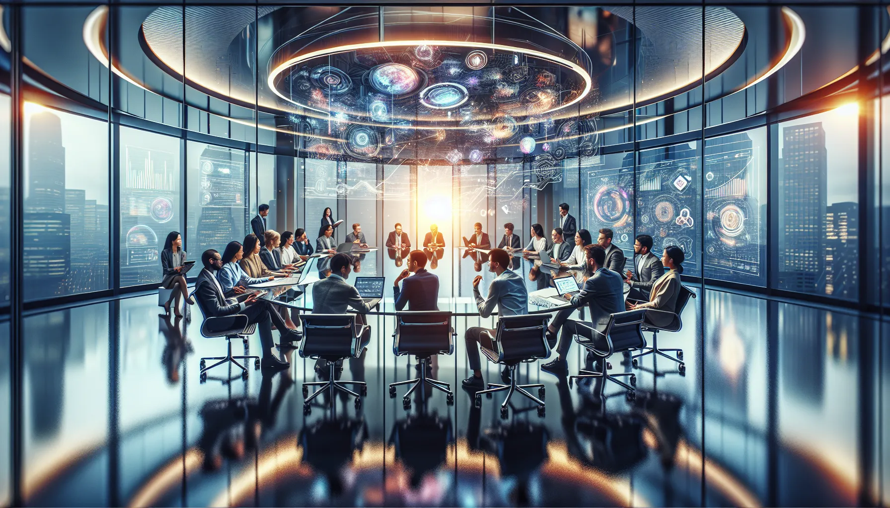 diverse professionals discussing ahrzueds in a modern office.