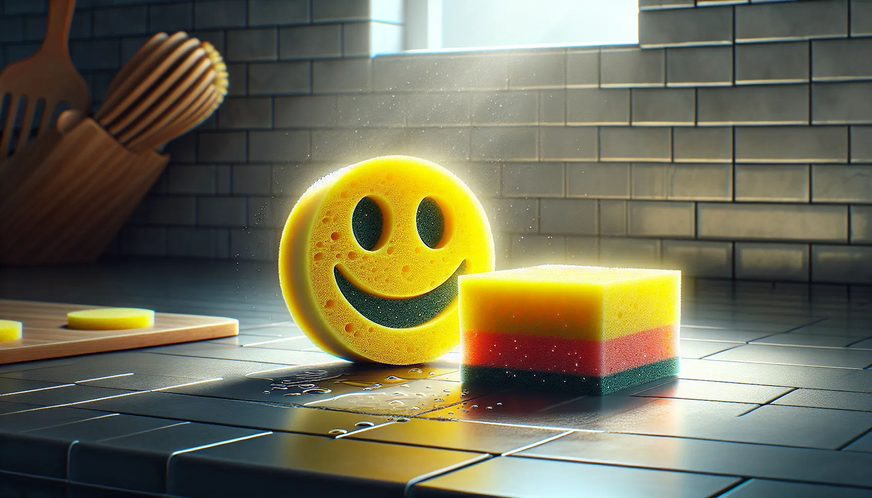 Two cleaning sponges, Scrub Daddy and Scrub Mommy, on a tiled kitchen counter.