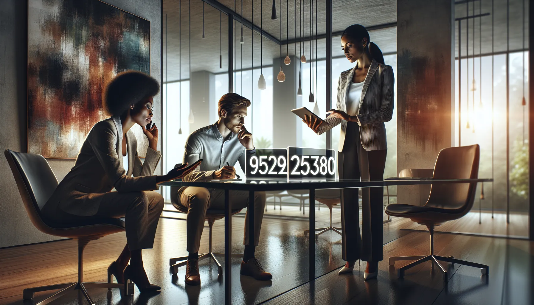diverse professionals discussing phone number usage in a modern office.