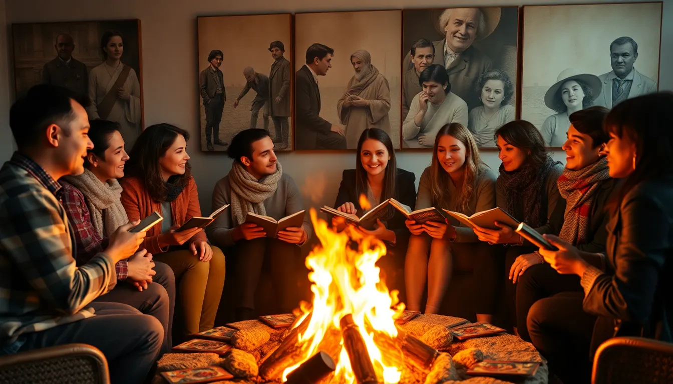 diverse professionals discussing heritage by a fire.
