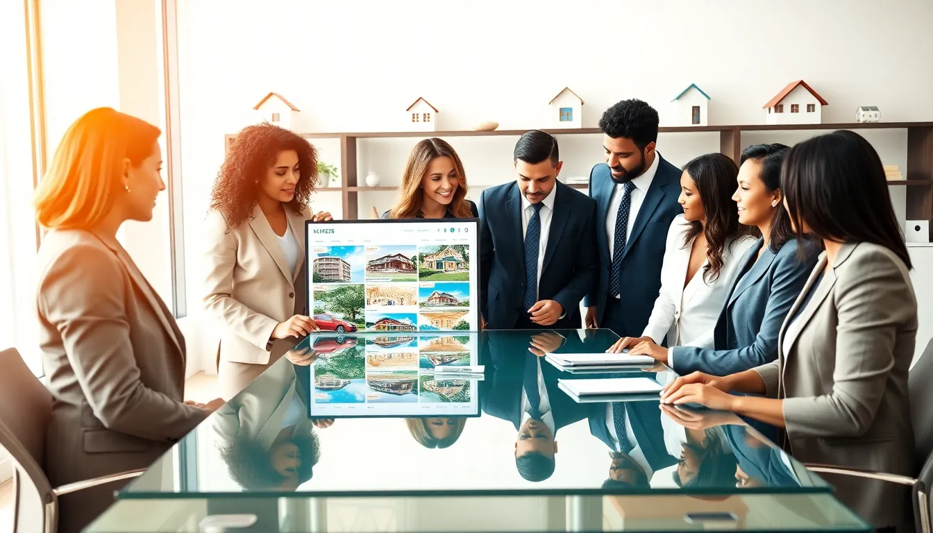 diverse real estate team reviewing property updates in a modern office.