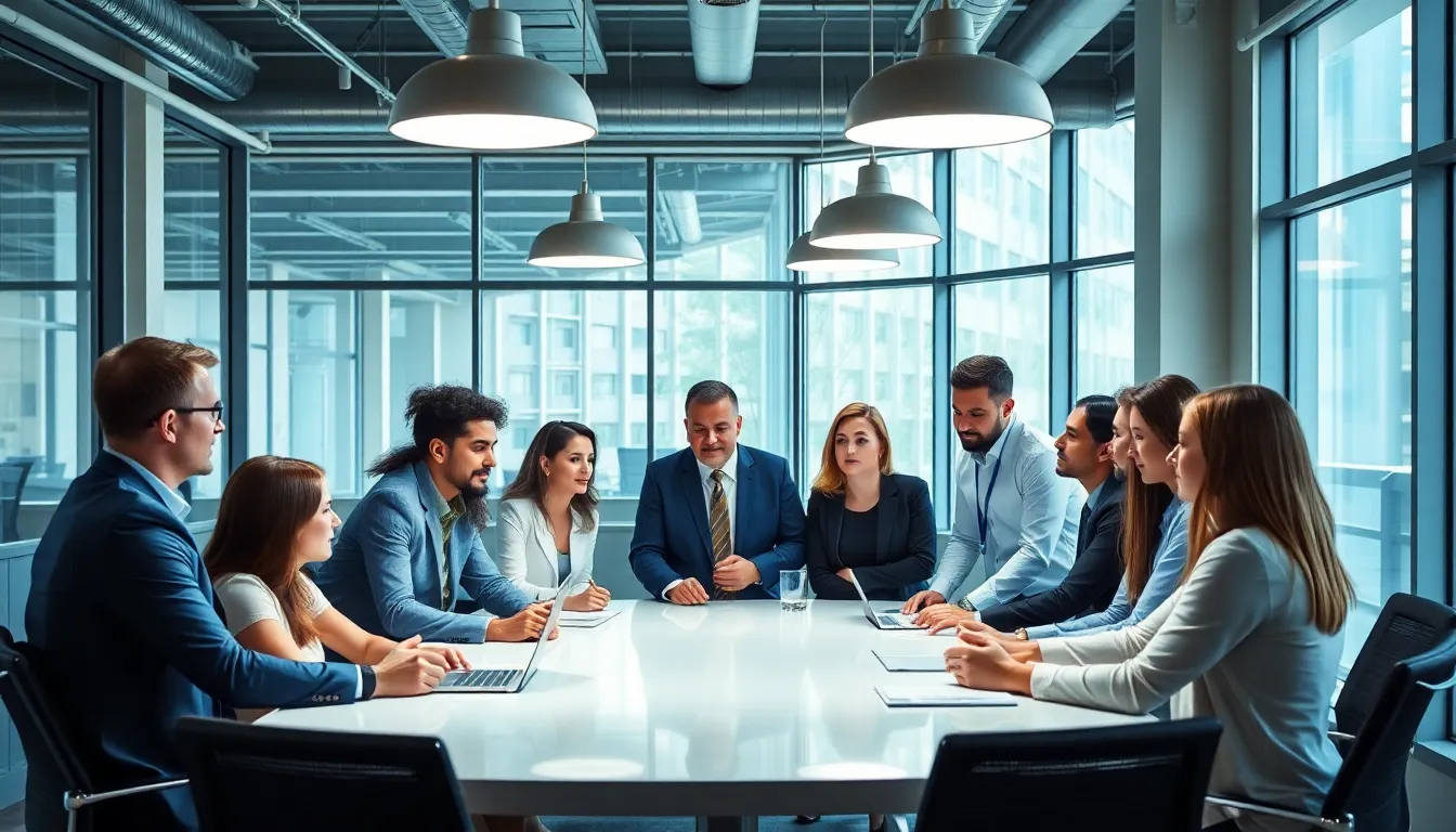 professionals discussing pro trade lighting in a modern office