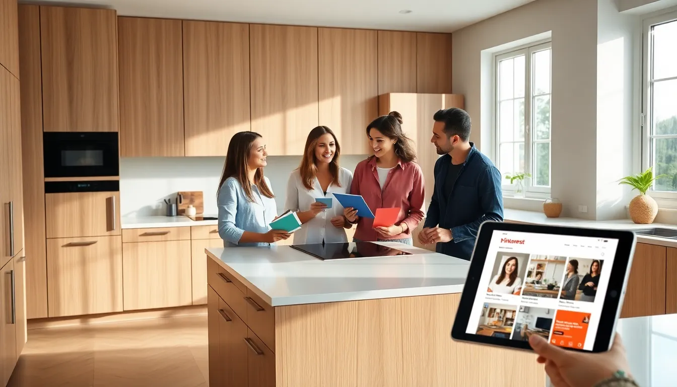 diverse team collaborating in a modern Ikea kitchen remodel.