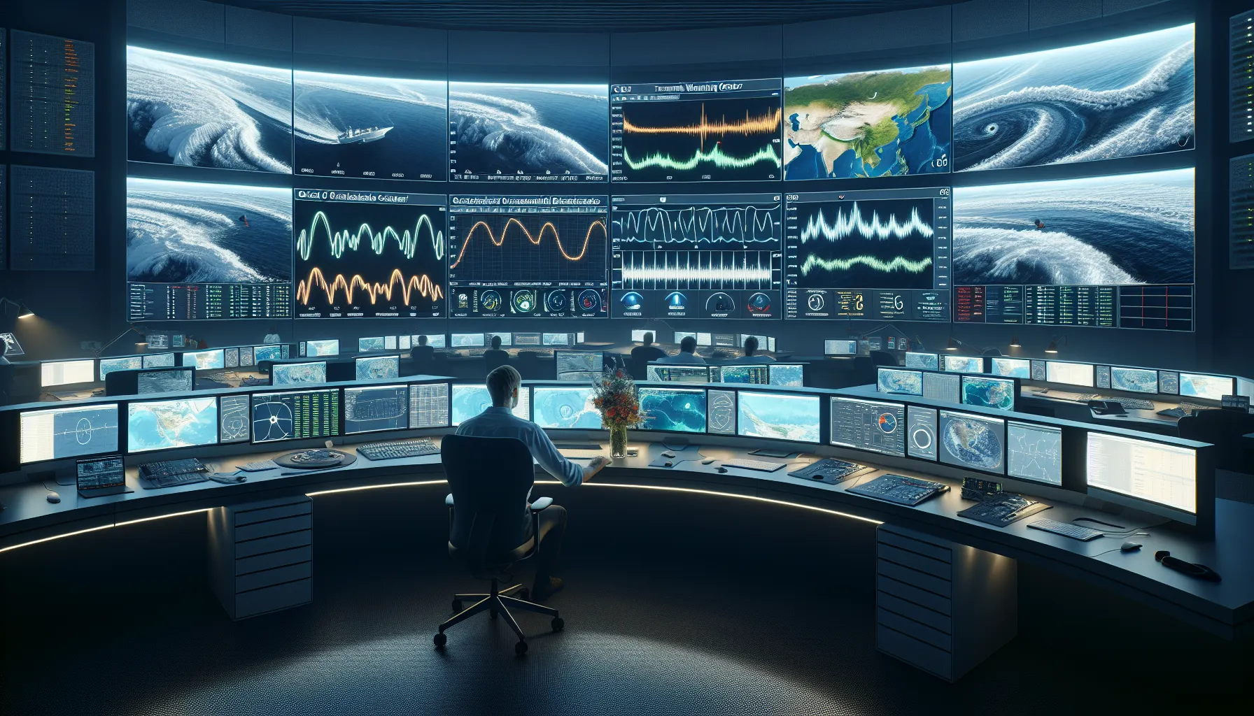 Analyst in norwegian warning center monitoring satellite and buoy data for tsunami alerts.