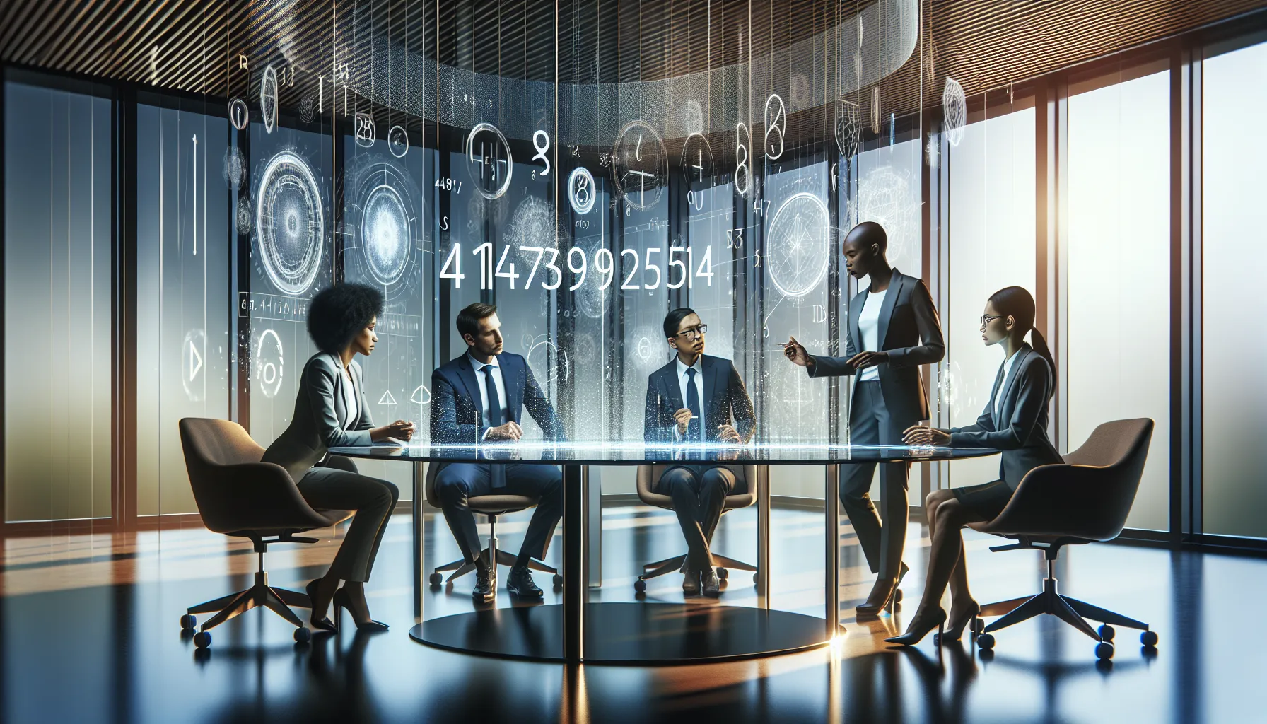 diverse professionals discussing the significance of a number in a modern office.
