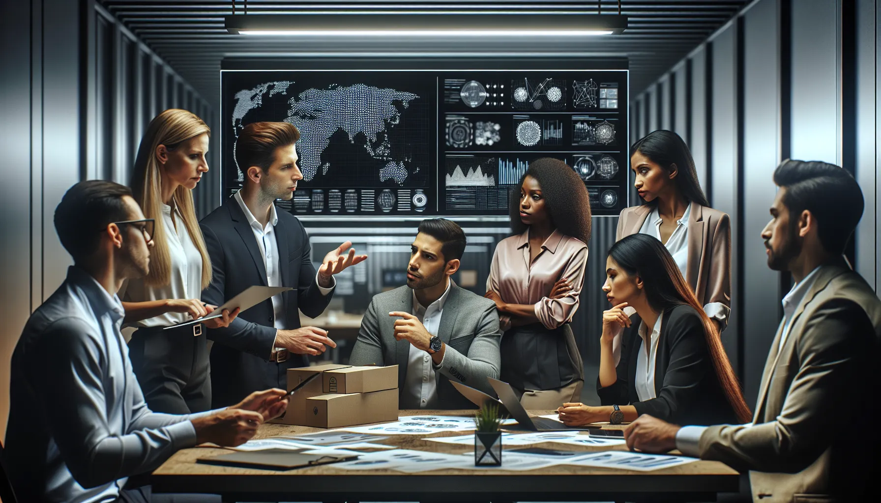 diverse team analyzing data in a modern office setting.