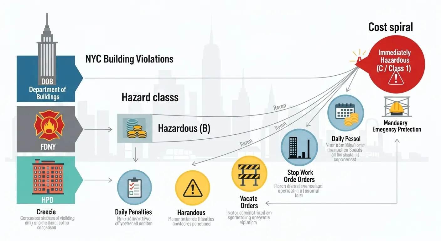 Diagram of NYC building agencies, violation classes, and escalating costly penalties.