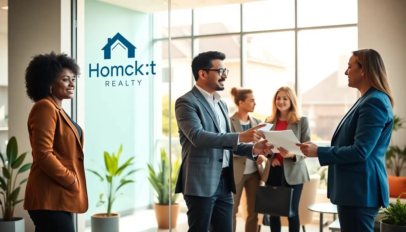 diverse real estate agents assisting clients in a modern office setting.