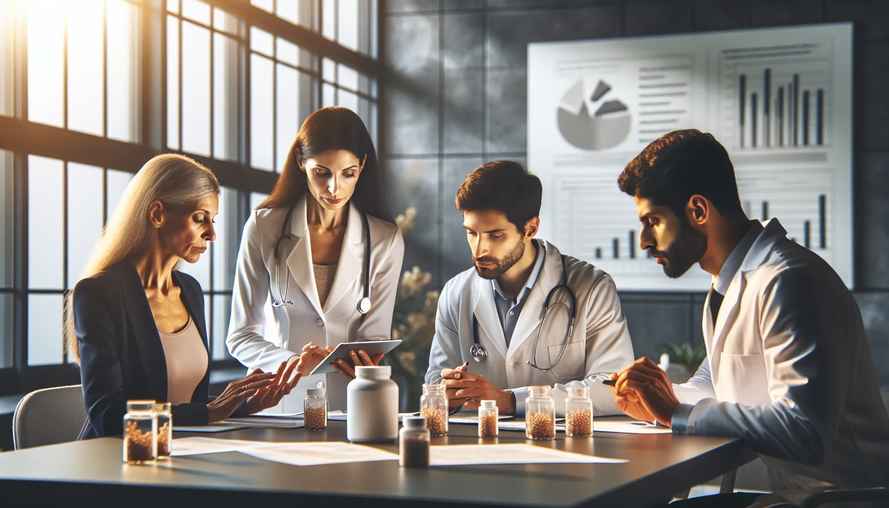 healthcare professionals discussing Amealss10 in a modern office.