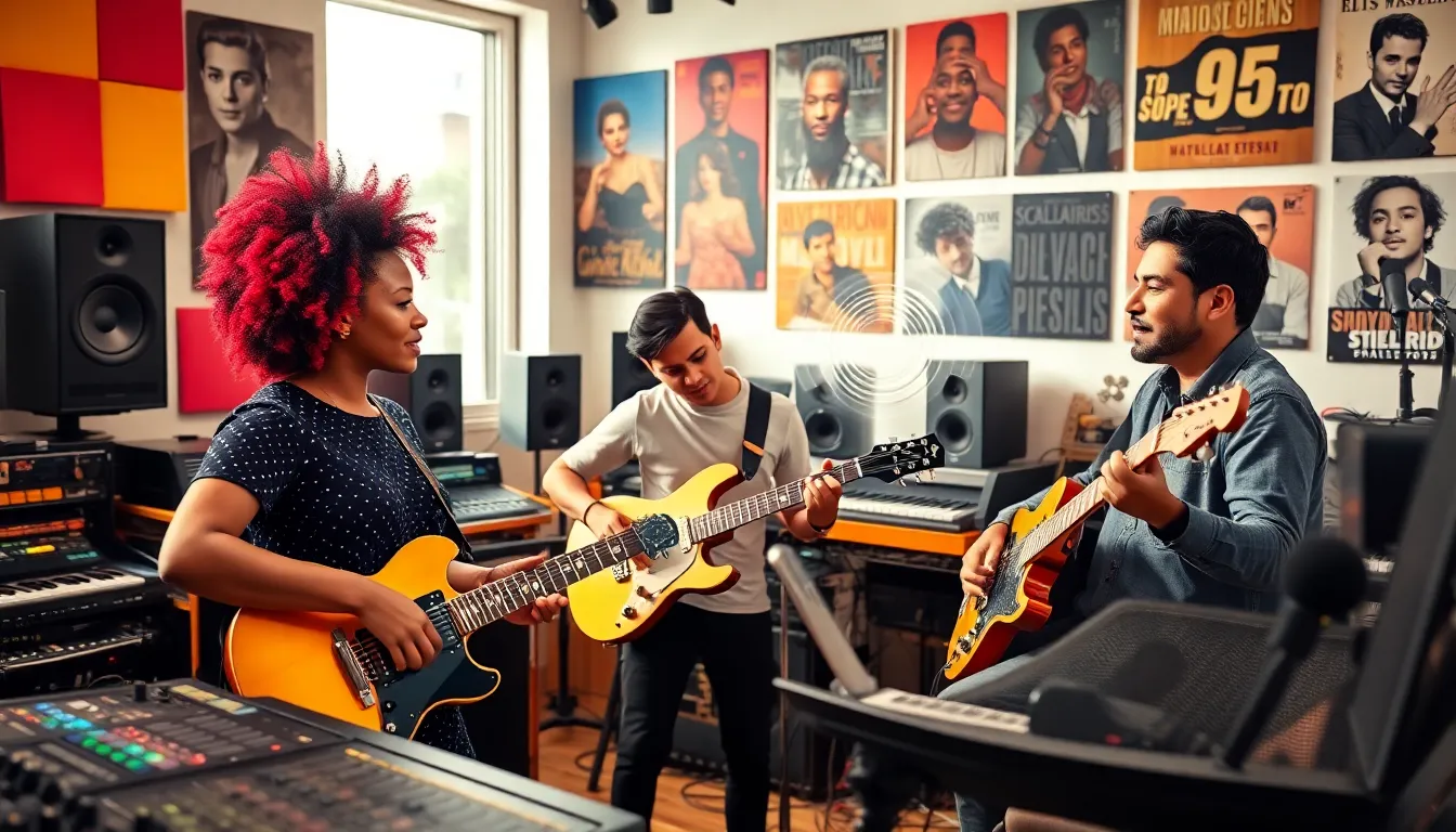 diverse musicians collaborating in a modern music studio.