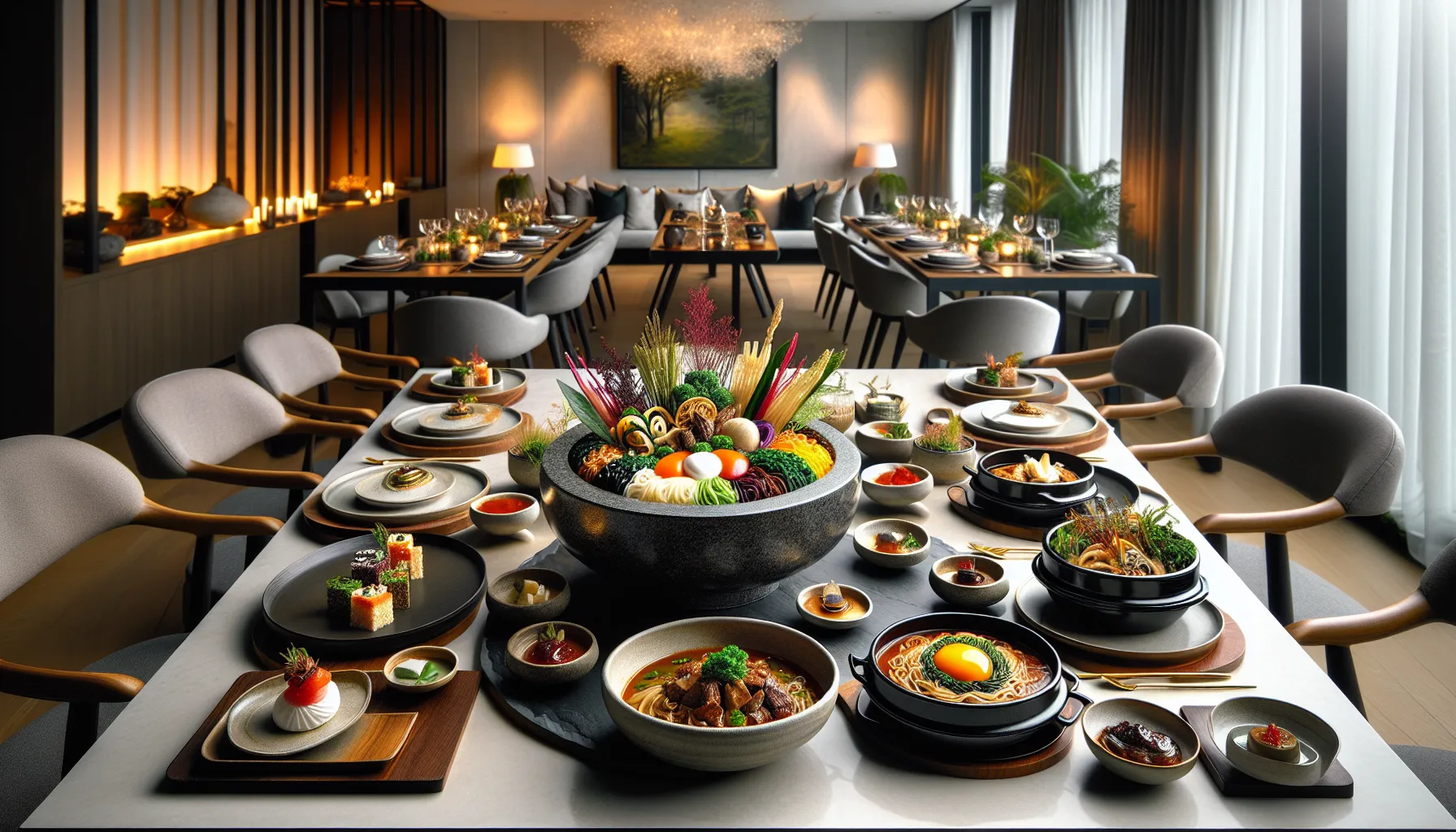 A dining table with Jeonju-inspired dishes and pastries.