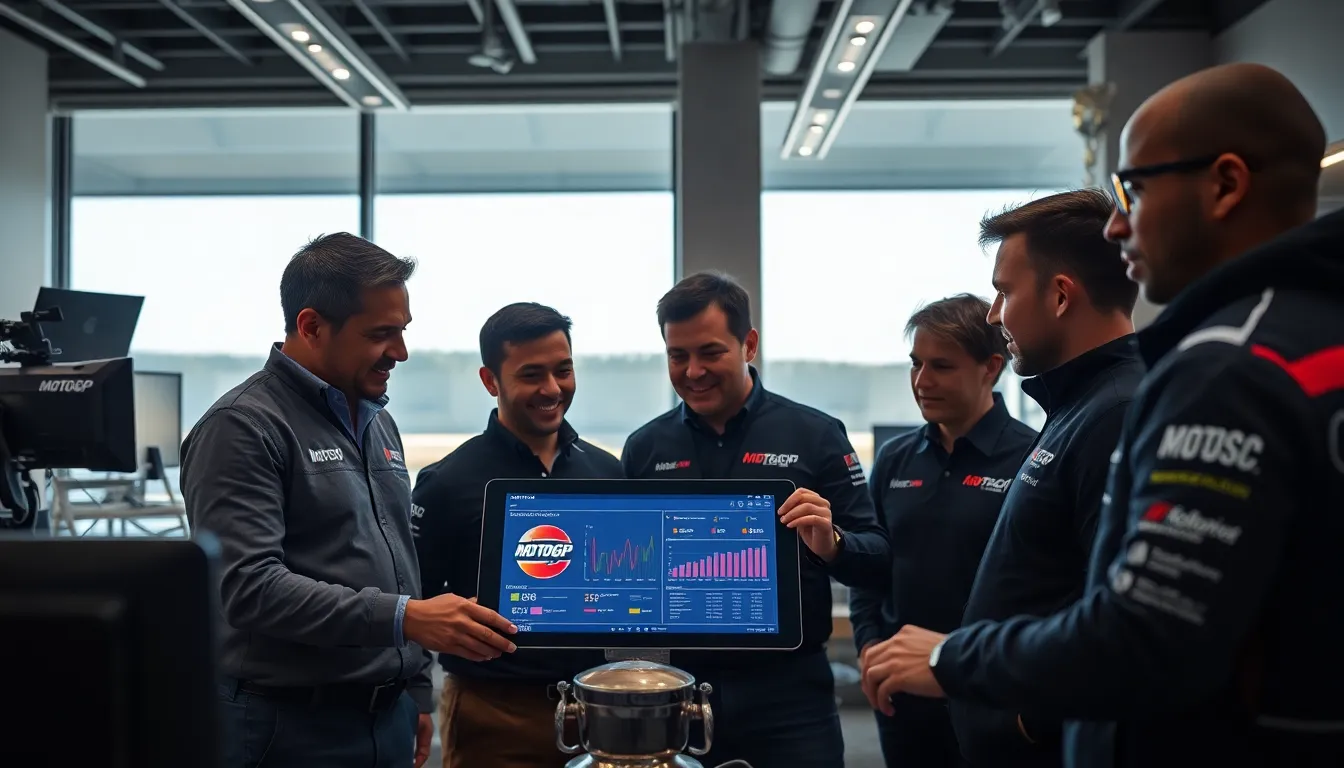 diverse team in a modern office discussing motorsport innovations.