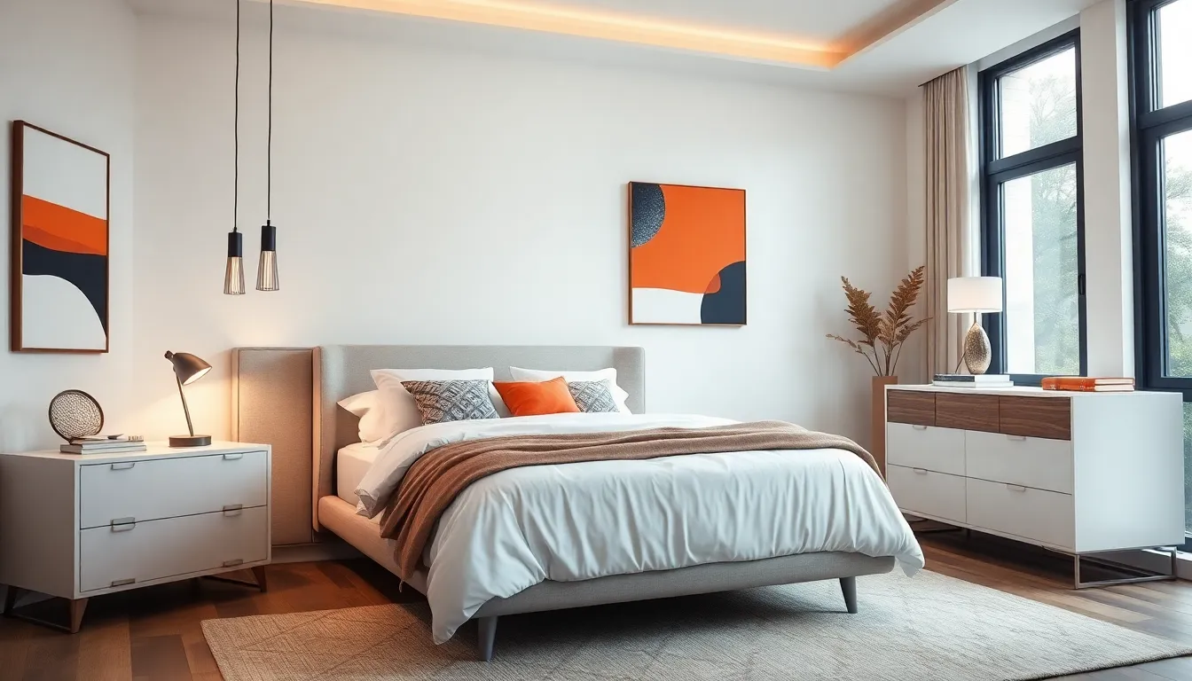 a modern bedroom with neutral tones and stylish furniture.