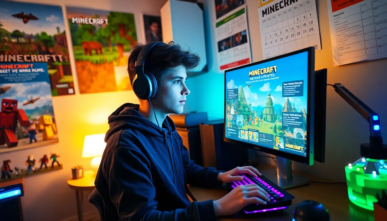 A teenager engaging with Minecraft updates on a gaming setup.