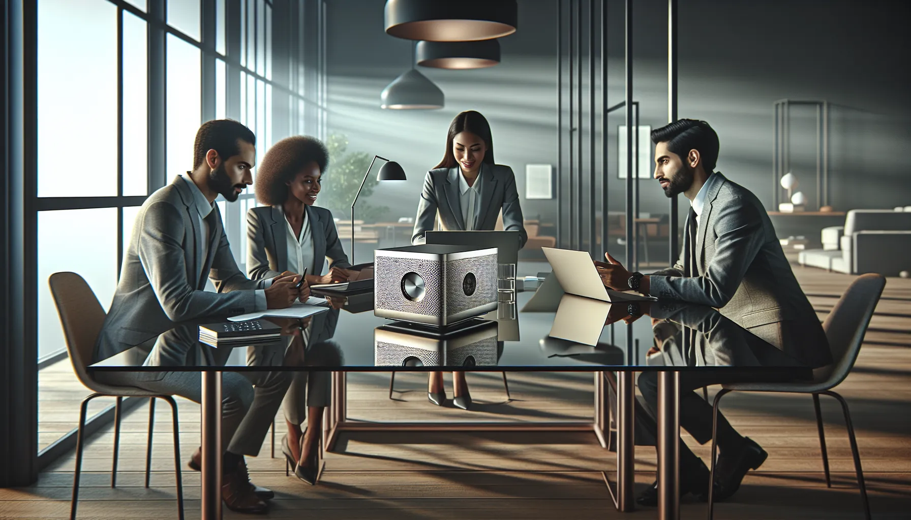 professionals discussing the yr-ws486rp-gtr in a modern office setting.