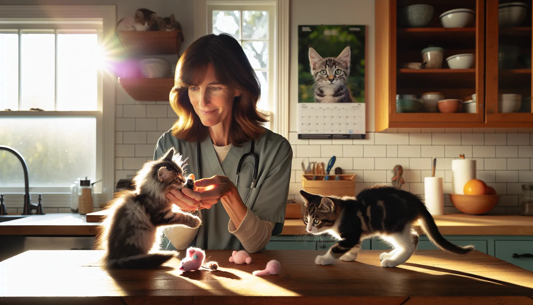 A veterinarian examining two kittens on a kitchen table.