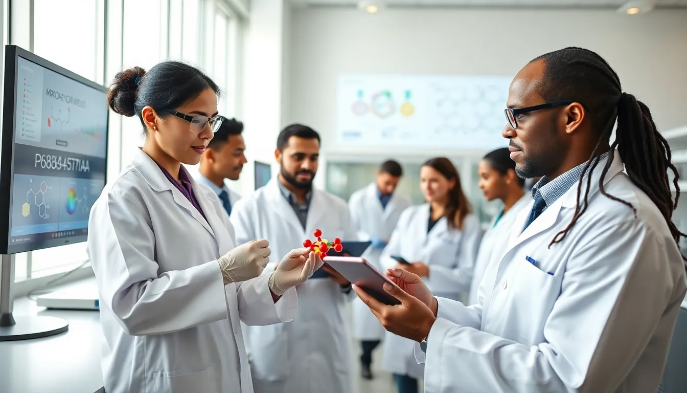 diverse scientists collaborating in a modern lab on P68364371AA research.