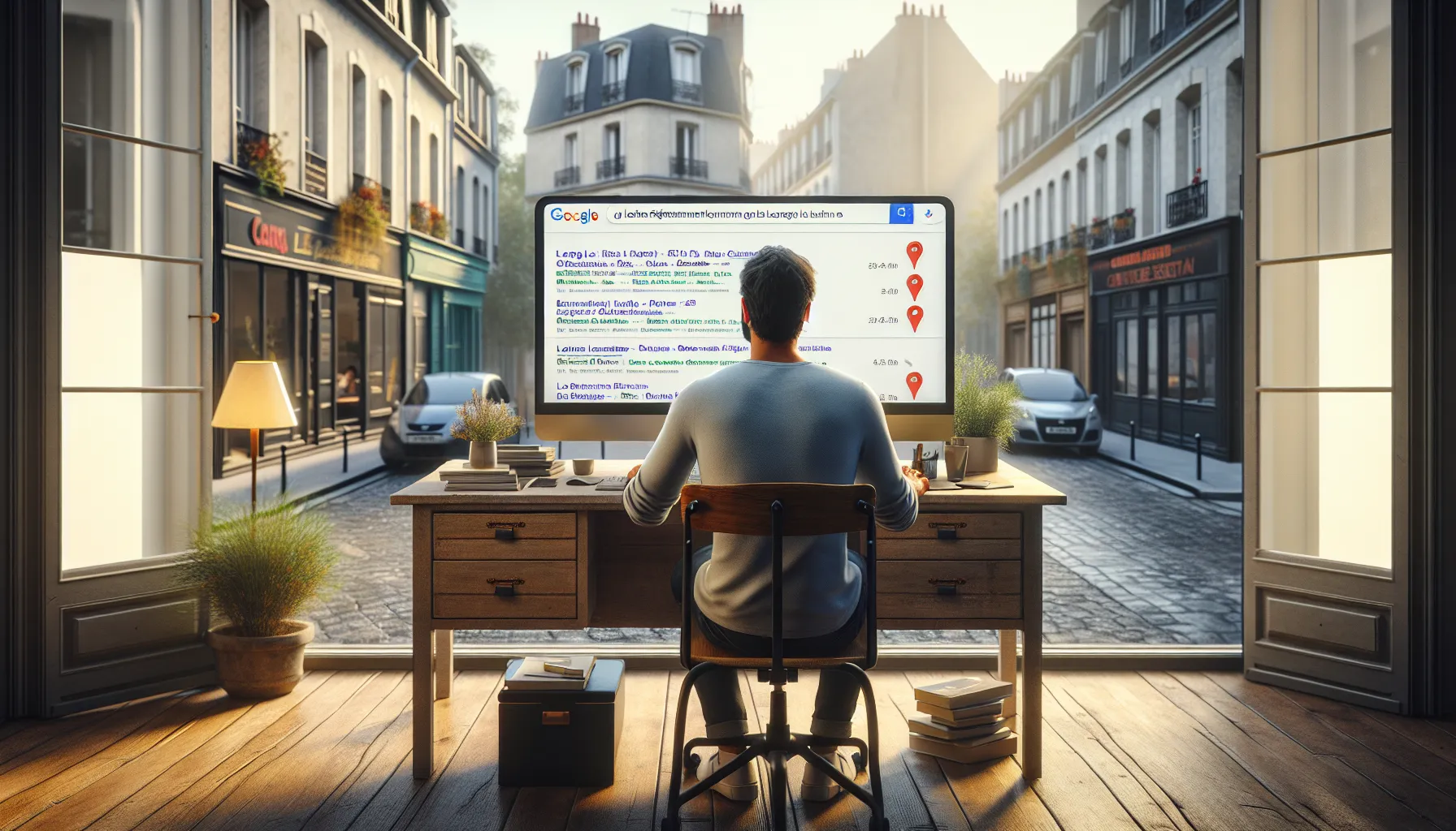 Small business owner in Le Raincy analyzing local Google SEO competition on screen.