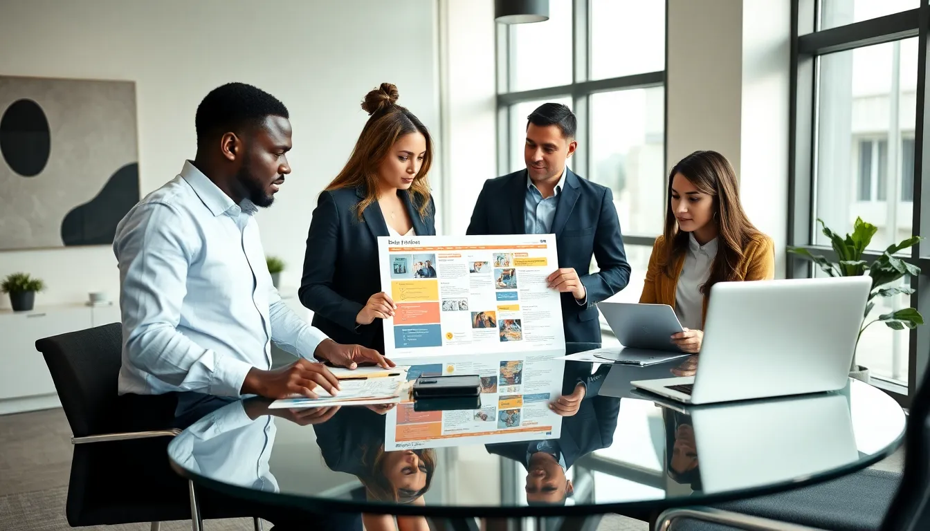 diverse team collaborating on design projects in a modern office.