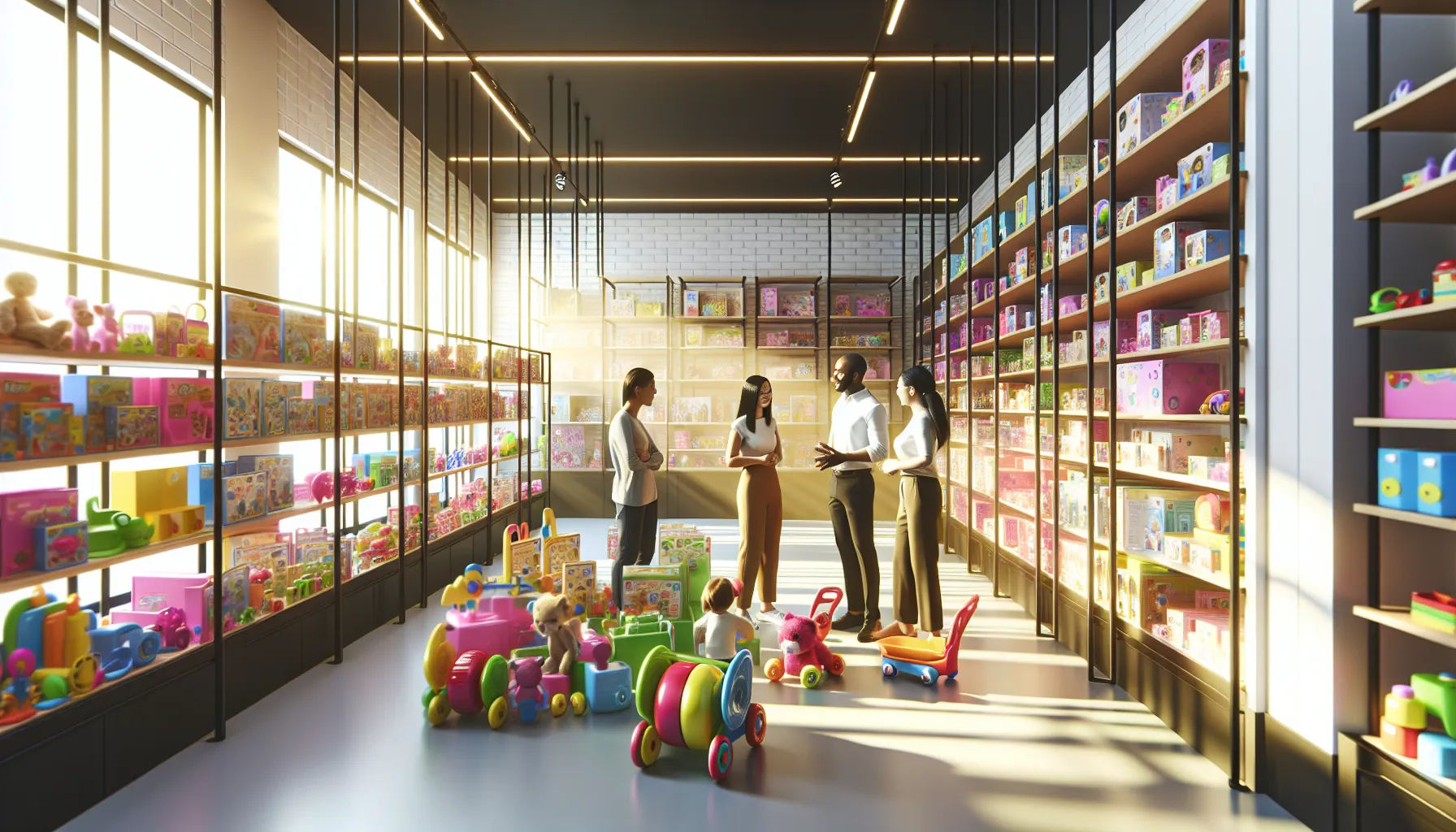 parents discussing toy safety in a colorful store.