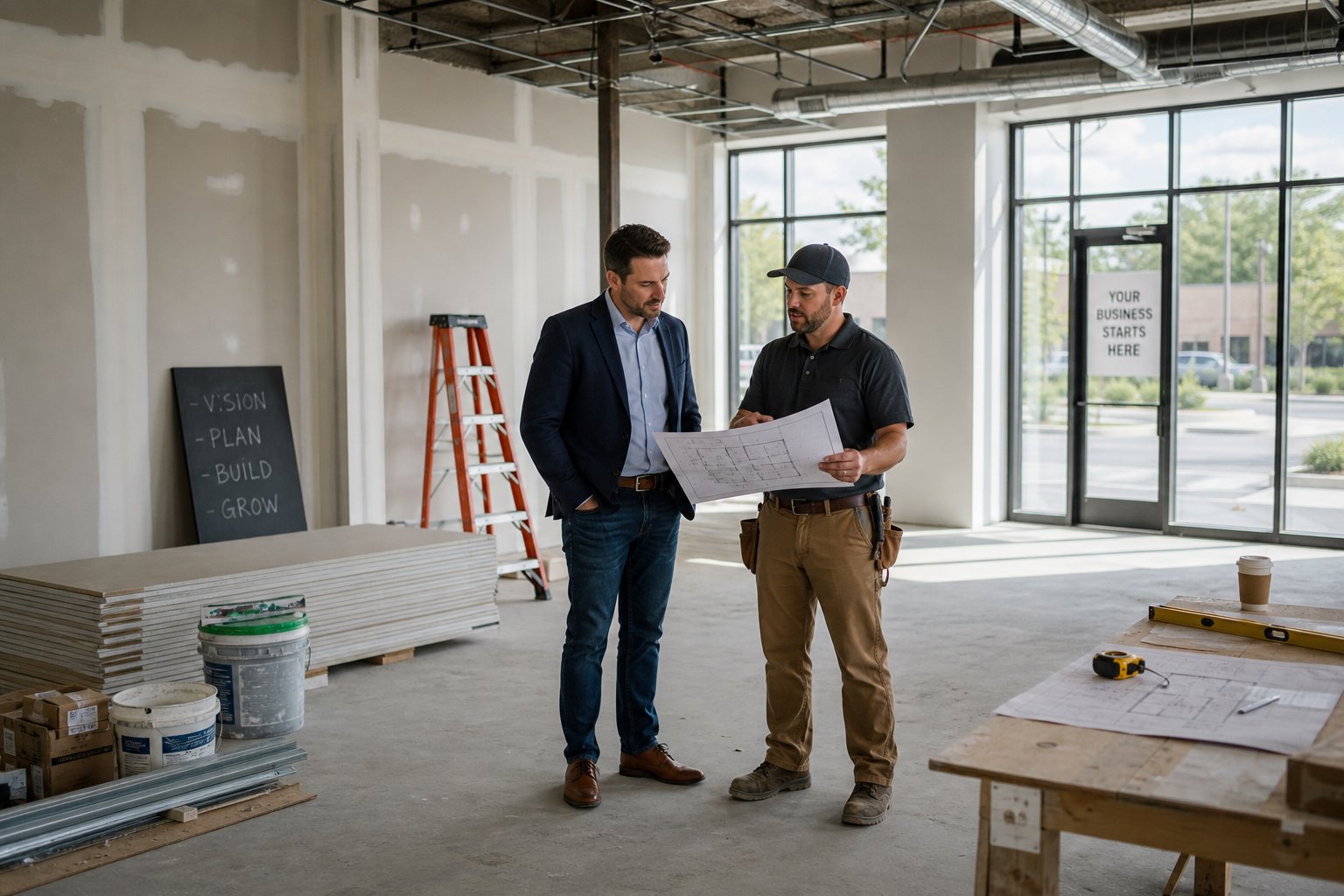 Commercial Mortgage Broker Stockport - Purchase and Refi 4 Business owner discussing custom plans for a newly purchased commercial property interior.