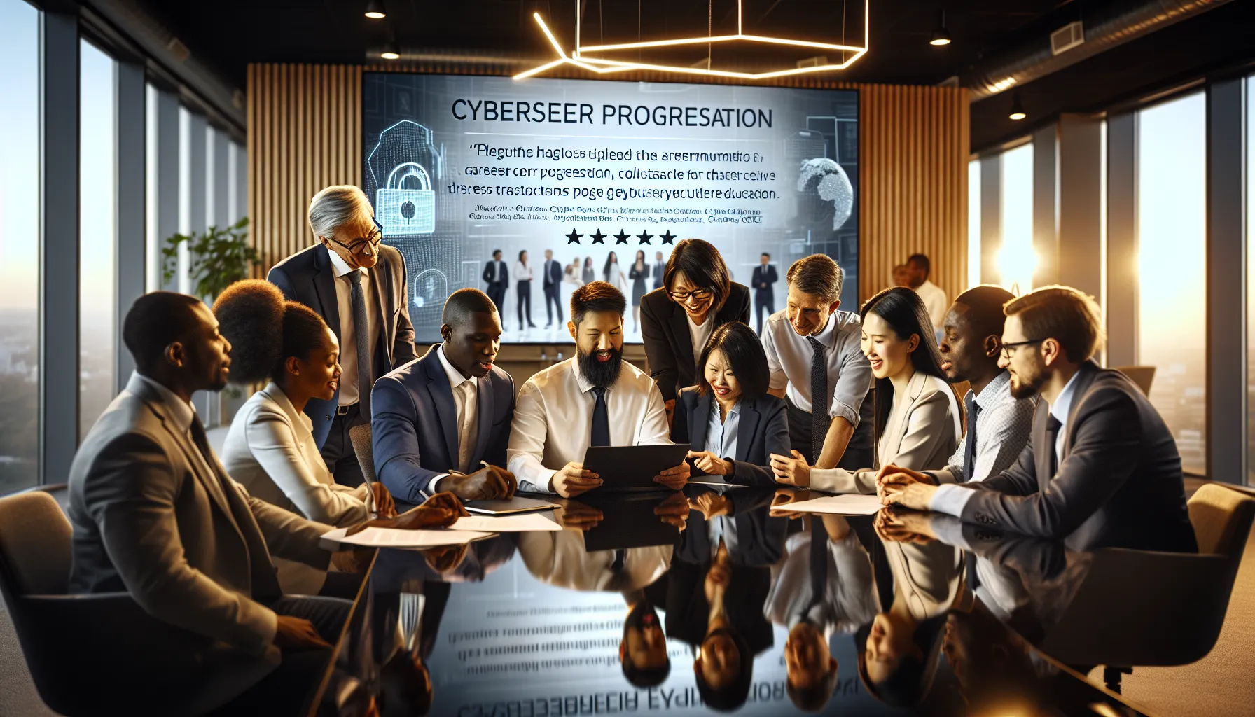 diverse professionals discussing career success in a modern conference room.