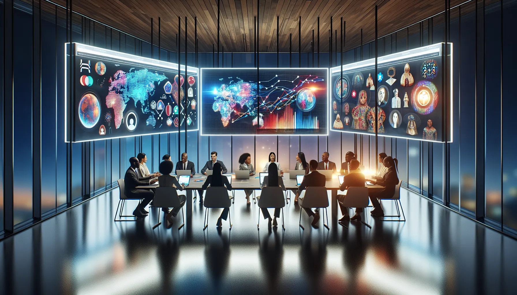 diverse team collaborating on future trends in a modern office.