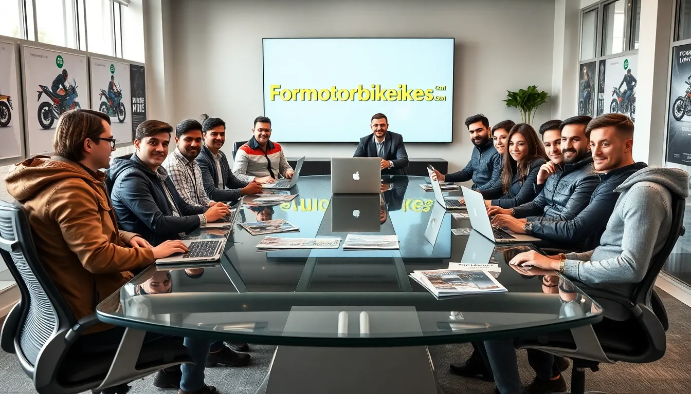 diverse group of motorcycle enthusiasts collaborating in a modern workspace.
