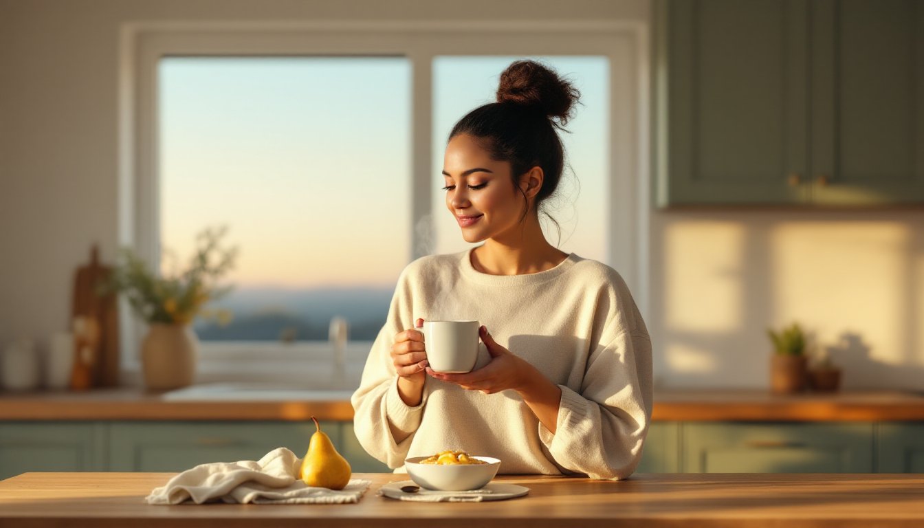 Woman holding a steaming mug of warm water in a calm, sunlit morning kitchen.