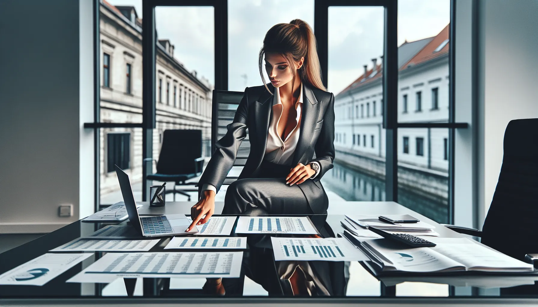 Croatian business consultant reviewing tabular financial statement on laptop in modern office